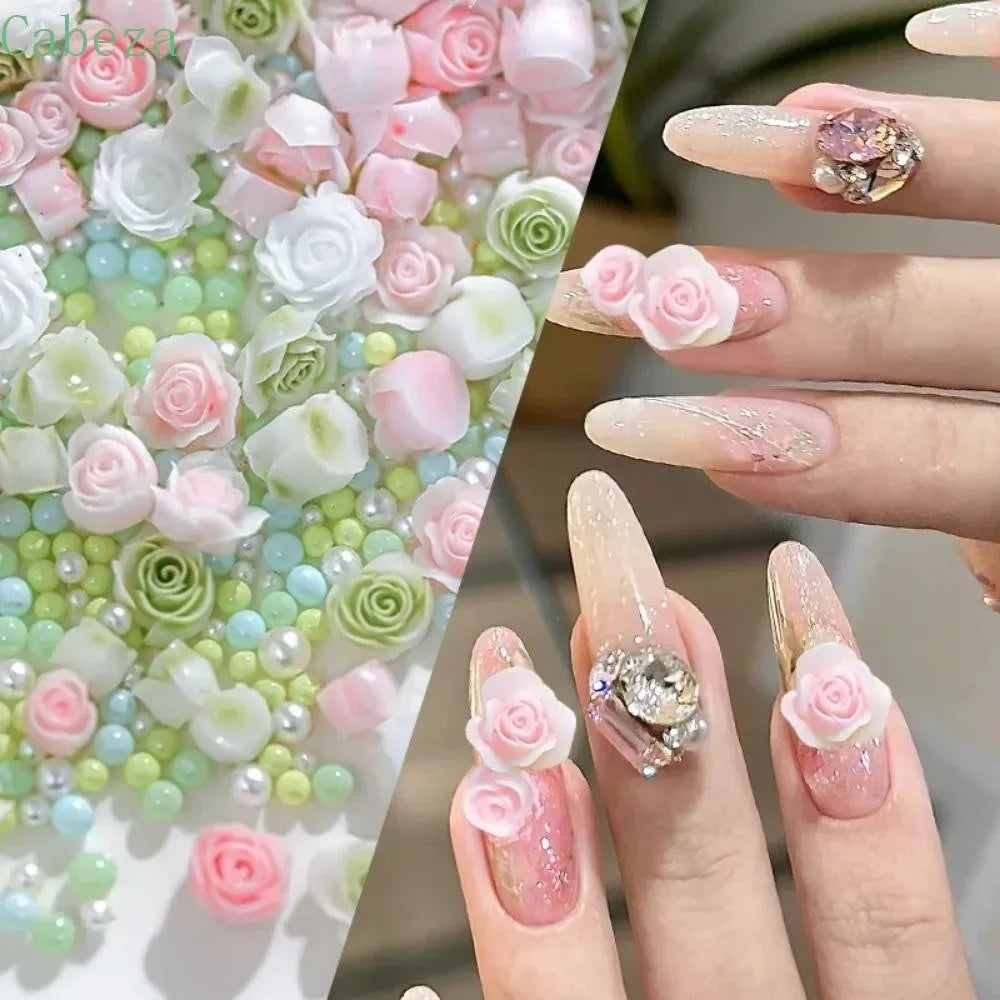 Pink Rose Resin Flower Nail Charms 30pc