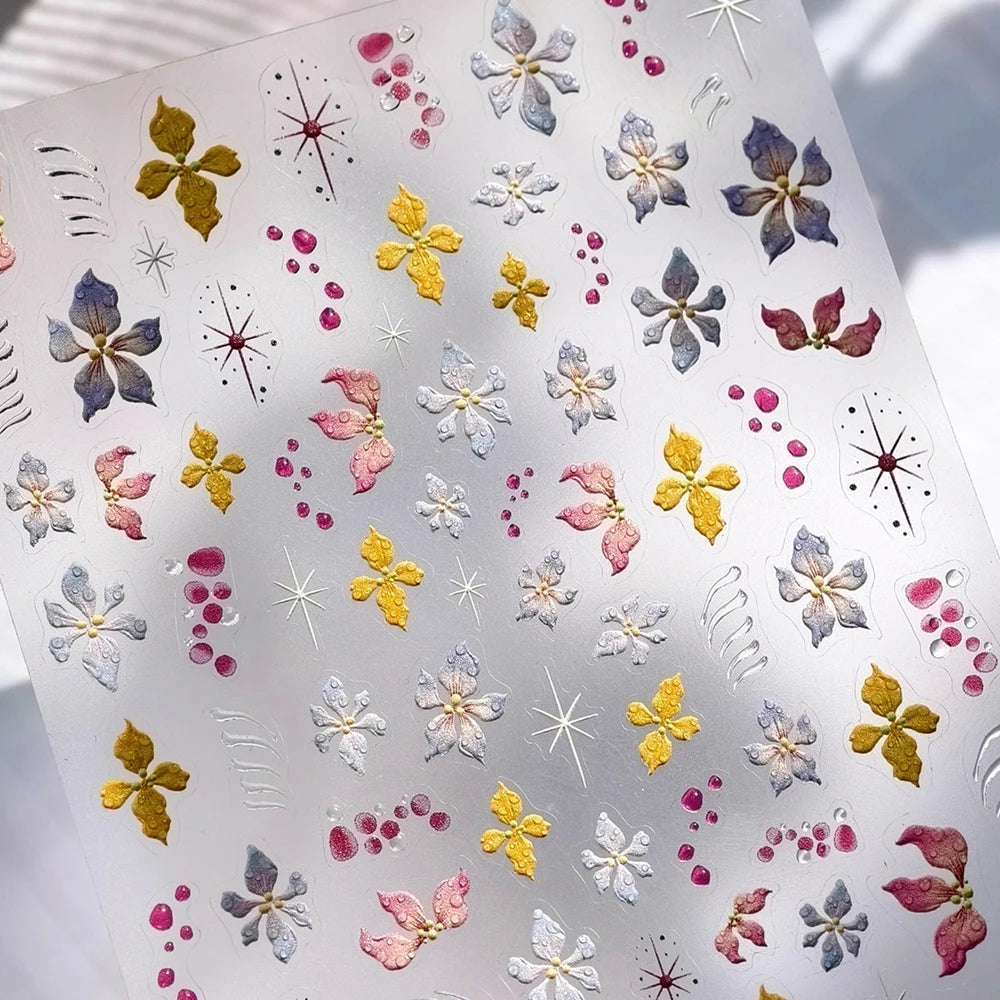 Colorful Floral Nail Art Sticker Summer Garden Motifs Juicy Flower Petals Dimensional Botanical Patterns Adhesive Manicure Decal