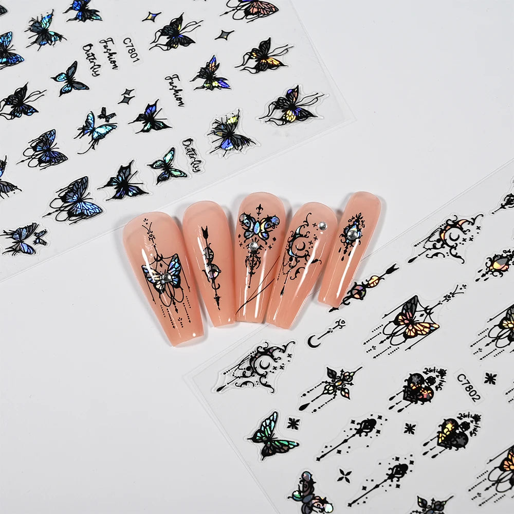4Pcs/Set Laser Black Butterfly Stickers Holographic Butterflies Star Jewelry Design Decals 3D Self-Adhesive Slider Nails Decora*