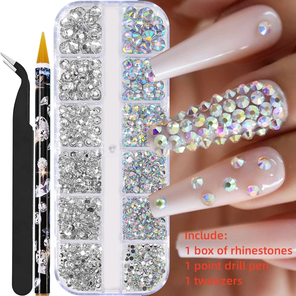 Crystal AB Rhinestone Nail Art Kit 12 Grid