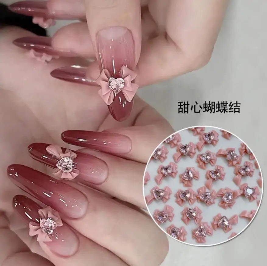 30/20/10PC Pink Ribbon Resin Bow Parts Nail Charms Mix-Style Bow Rhinestone Jewelry 8-12mm Y2K Accessory for DIY Manicure Decora