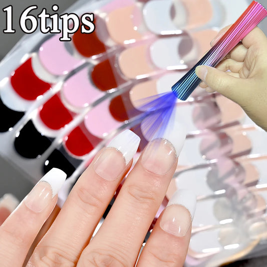 16pcs French White/Black Glitter Semi-cured Gel Nail Stickers Long-acting Waterproof LED Lamp UV Gel Slider DIY Manicure Decor