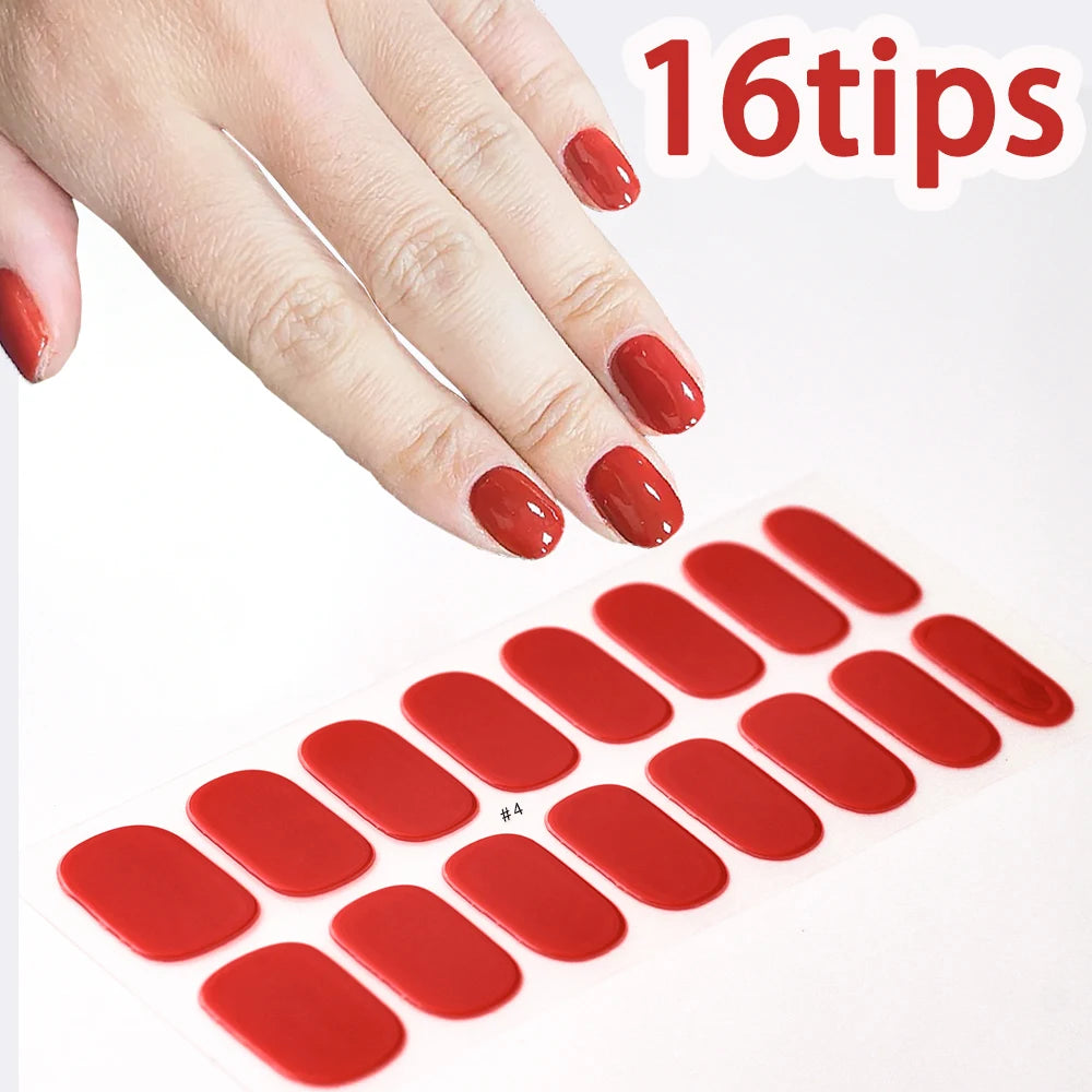 16Tips Semi-cured Gel Nail Stickers Red/Wine Red Nails Gel slider UV lamp Cured Extended Nails DIY Women Nails Decal Decor Gifts
