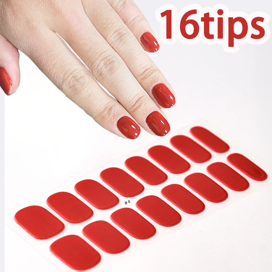 16Tips Semi-cured Gel Nail Stickers Red/Wine Red Nails Gel slider UV lamp Cured Extended Nails DIY Women Nails Decal Decor Gifts