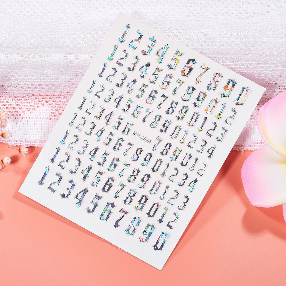 1 Sheet Arab Numbers Nail Art Sticker 3D Laser Self-Adhesive Manicure Decals Tips 8*10cm DIY Arabic Numerals Nail Decoration Par