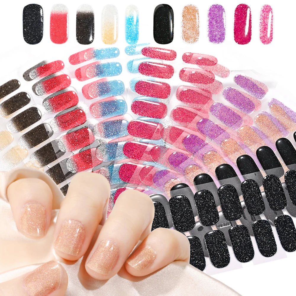 16Tips Glitter Semi-Cured Gel UV Sticker 3D French Gradient Shiny Glitter Powder UV Gel Sticker Full Cover UV Lamp Glitter Decal