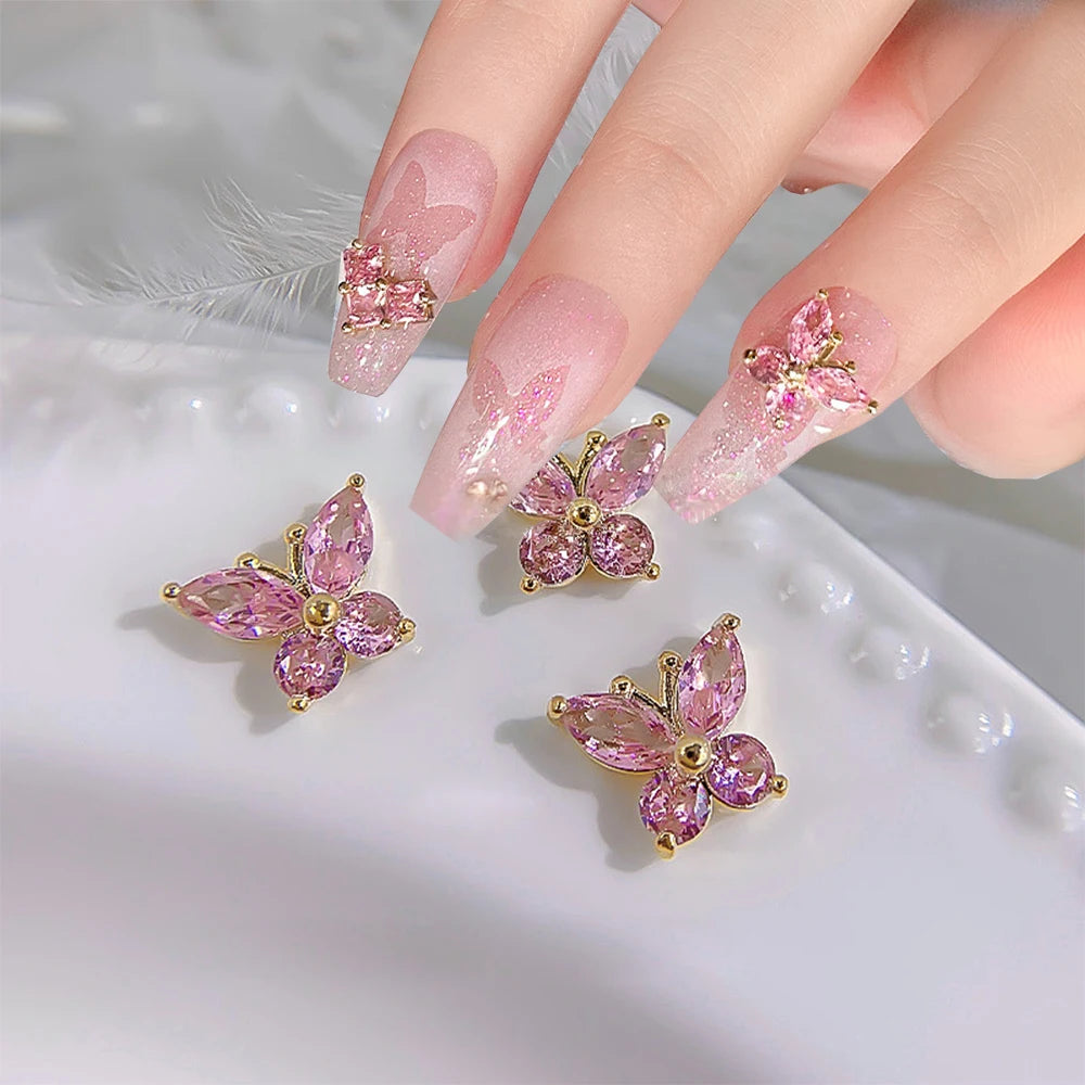 Pink Butterfly Zircon Nail Charms 10pc