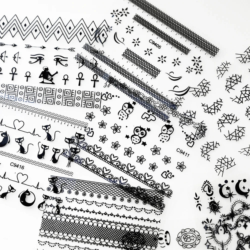 30pcs/Set Black Lace Nail Stickers Sexy Kitten Penguin Cute Animals Nail Art Stickers 6.3*5.3 Cm DIY Wedding Nail Decoration