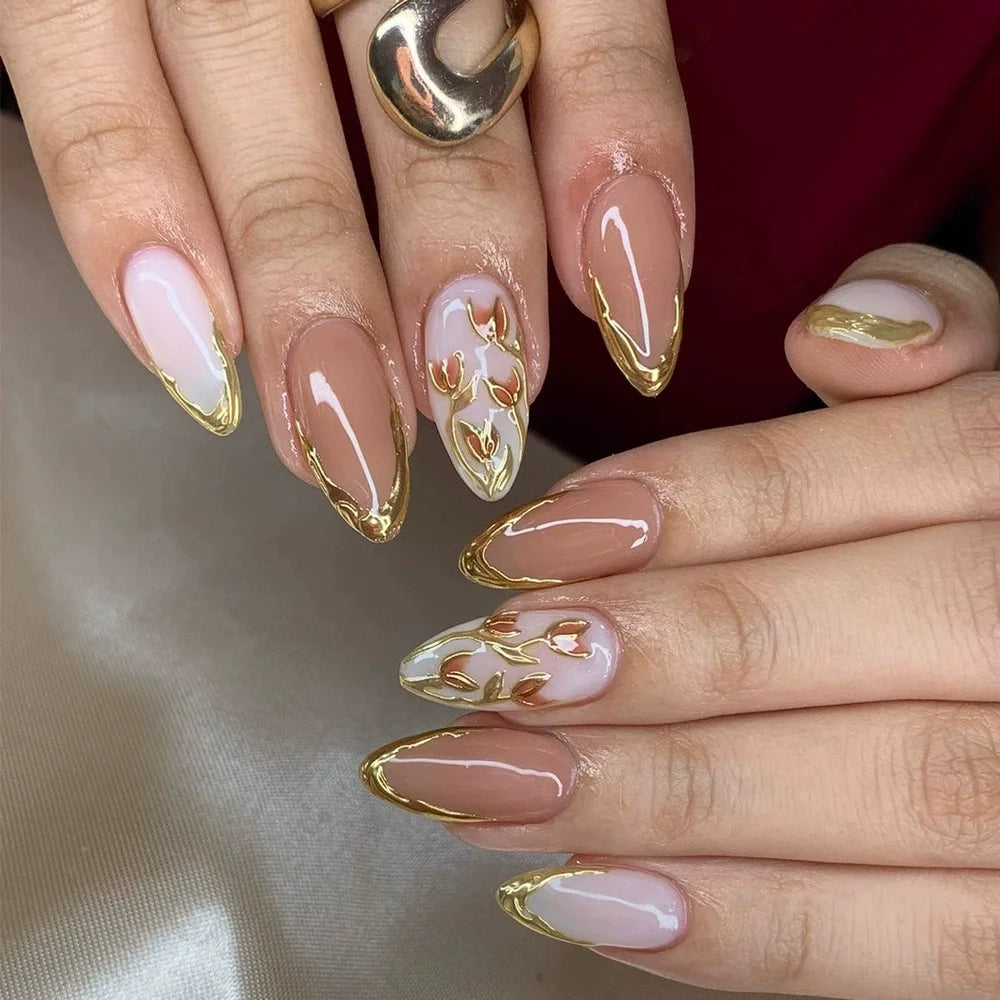 Yellow Peach Floral Almond Nails