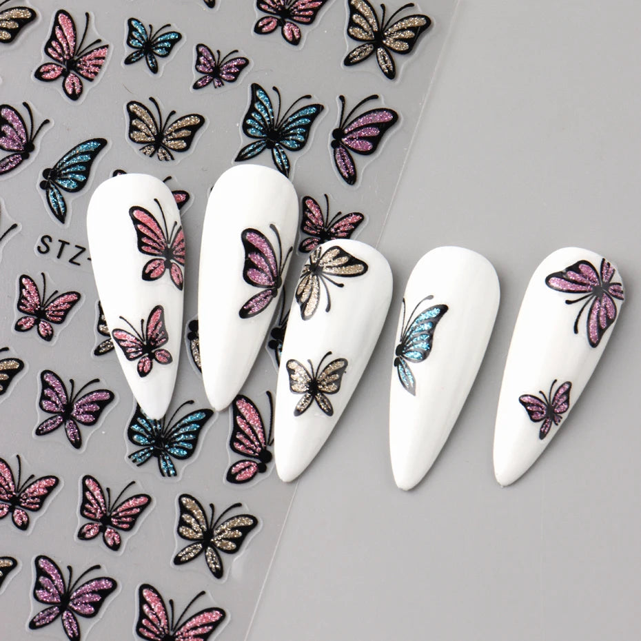 Glitter Butterfly Nail Stickers Decals Charm 3D Shiny Blue Pink Design Self Adhesive Sliders Nail Art Foils Manicure Decorations