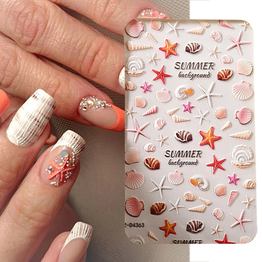 5D Sea Nail Art Stickers Embossed Self-Adhesive Ocean Beach Style Nail Slider Kawaii Starfish/Shell/Coral Reef Decor Nail Decals
