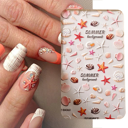 5D Sea Nail Art Stickers Embossed Self-Adhesive Ocean Beach Style Nail Slider Kawaii Starfish/Shell/Coral Reef Decor Nail Decals