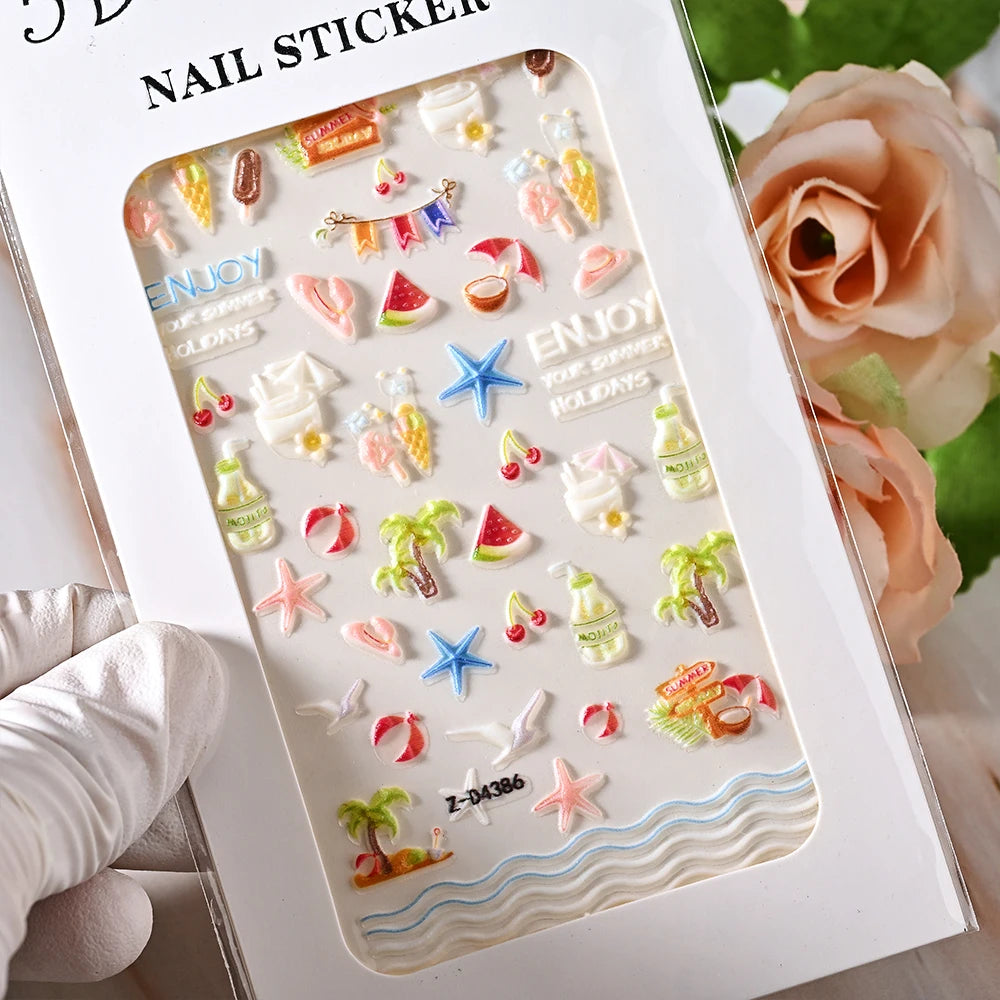 5D Sea Nail Art Stickers Embossed Self-Adhesive Ocean Beach Style Nail Slider Kawaii Starfish/Shell/Coral Reef Decor Nail Decals