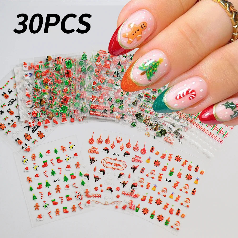 (30Pcs)Merry Christma Nail Sticker 3D Sliders Deer Santa Claus Decals New Year Nails Decor Stickers For DIY Manicure Accessories