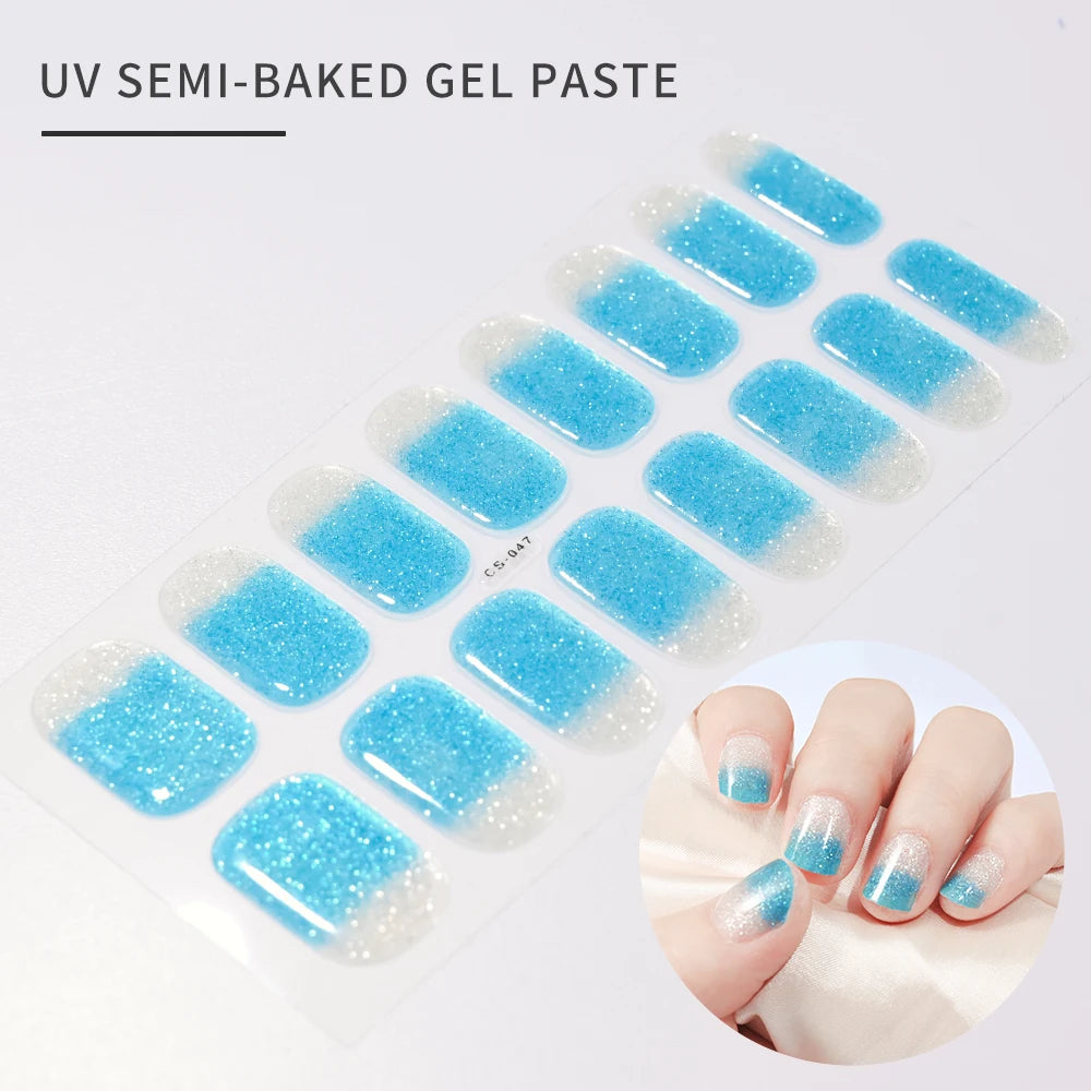16Tips Glitter Semi-Cured Gel UV Sticker 3D French Gradient Shiny Glitter Powder UV Gel Sticker Full Cover UV Lamp Glitter Decal