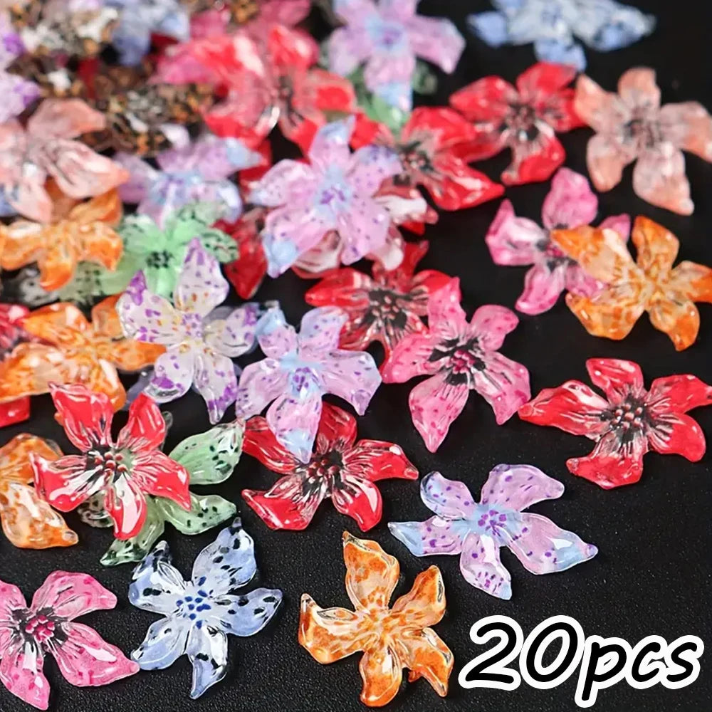 60pcs Mixed Hawaiian Flower Nail Decoration 3D Gradient Cherry Blossom Crystal Five Petal Leopard Print Lily Flower Nail Charms