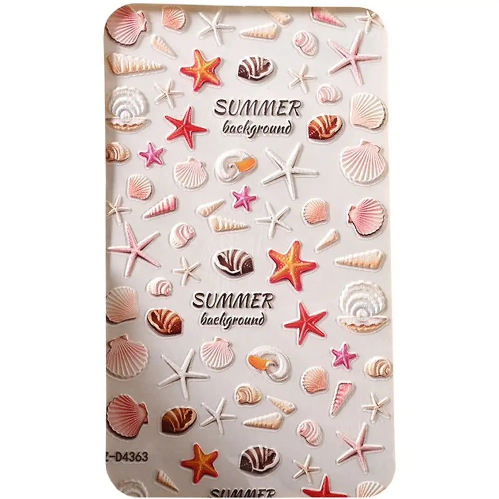 5D Sea Nail Art Stickers Embossed Self-Adhesive Ocean Beach Style Nail Slider Kawaii Starfish/Shell/Coral Reef Decor Nail Decals