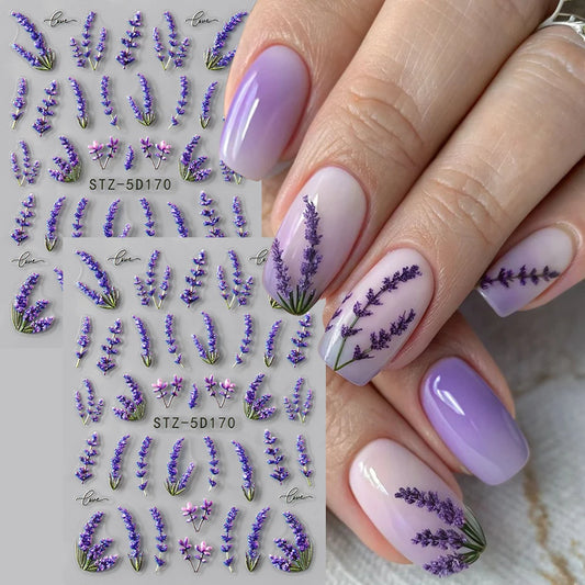 5D Embossed Lavender Flower Nail Stickers 2pc