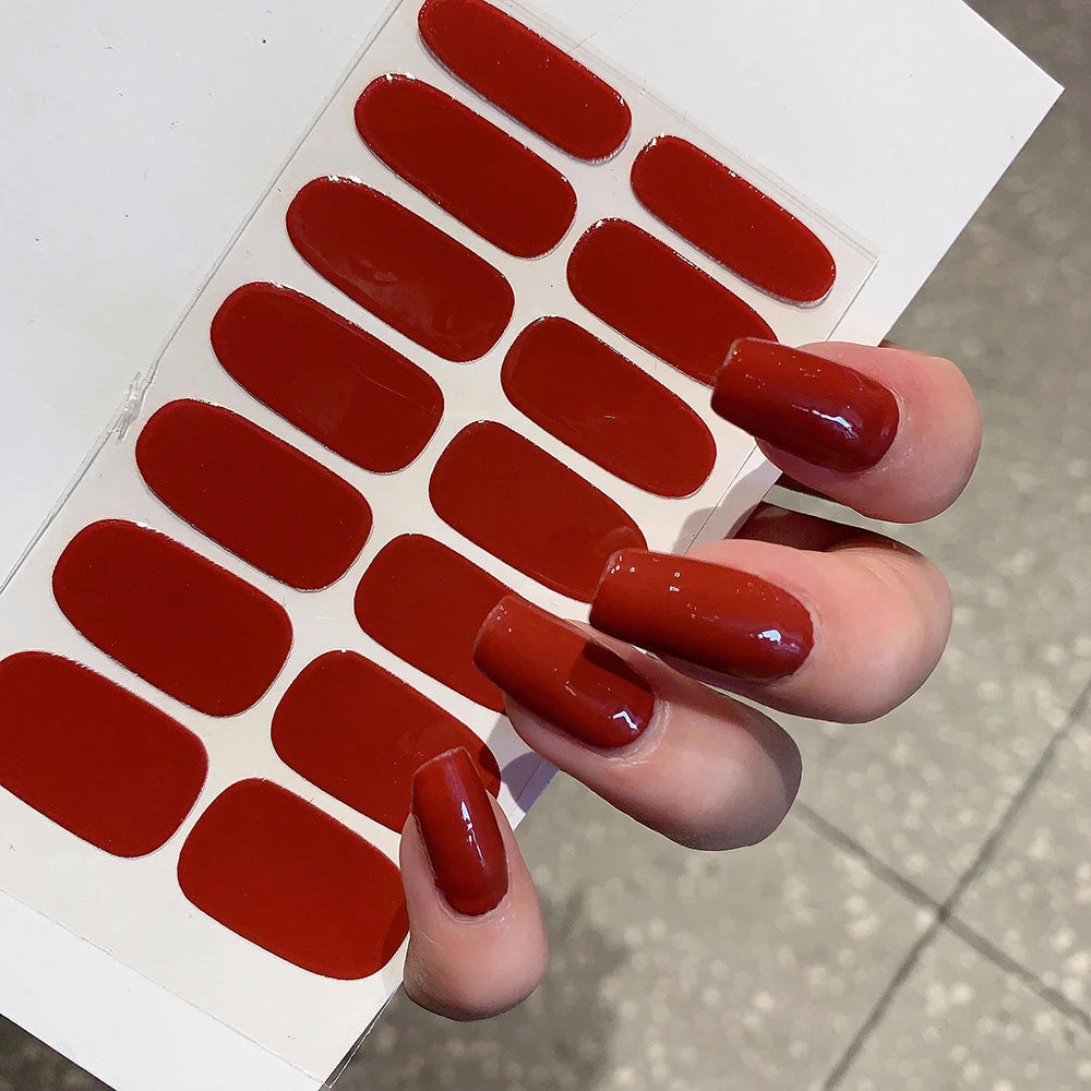 16Tips Semi-cured Gel Nail Stickers Red/Wine Red Nails Gel slider UV lamp Cured Extended Nails DIY Women Nails Decal Decor Gifts
