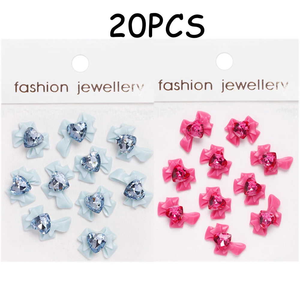 30/20/10PC Pink Ribbon Resin Bow Parts Nail Charms Mix-Style Bow Rhinestone Jewelry 8-12mm Y2K Accessory for DIY Manicure Decora
