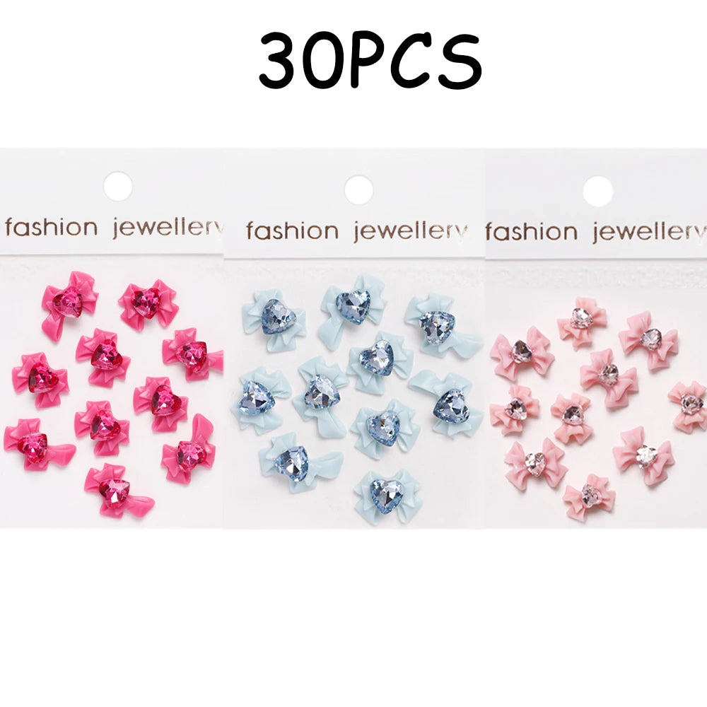 30/20/10PC Pink Ribbon Resin Bow Parts Nail Charms Mix-Style Bow Rhinestone Jewelry 8-12mm Y2K Accessory for DIY Manicure Decora