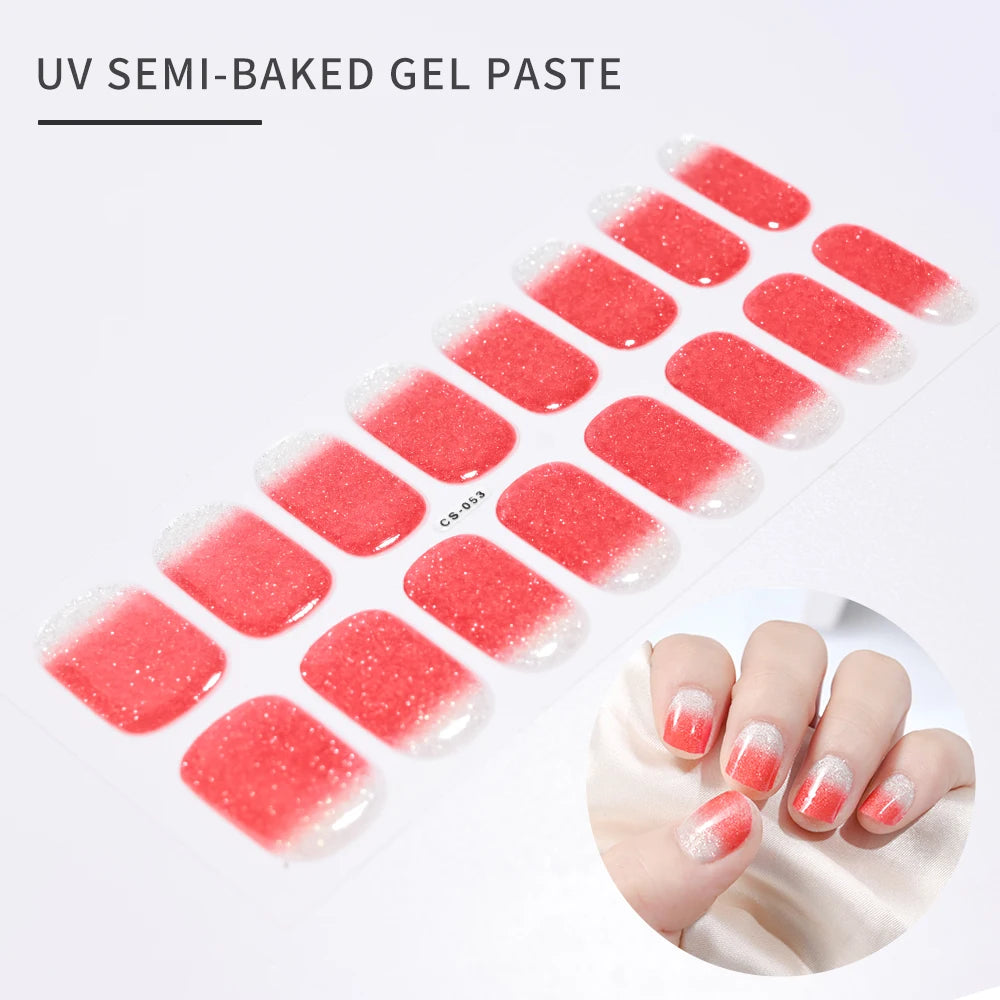 16Tips Glitter Semi-Cured Gel UV Sticker 3D French Gradient Shiny Glitter Powder UV Gel Sticker Full Cover UV Lamp Glitter Decal