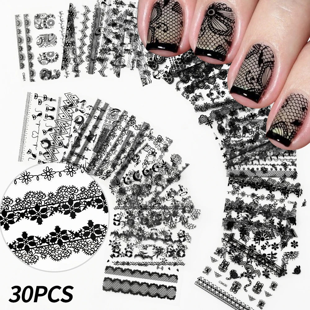 30pcs/Set Black Lace Nail Stickers Sexy Kitten Penguin Cute Animals Nail Art Stickers 6.3*5.3 Cm DIY Wedding Nail Decoration