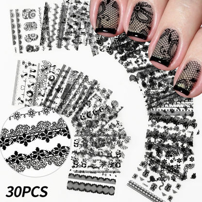 30pcs/Set Black Lace Nail Stickers Sexy Kitten Penguin Cute Animals Nail Art Stickers 6.3*5.3 Cm DIY Wedding Nail Decoration