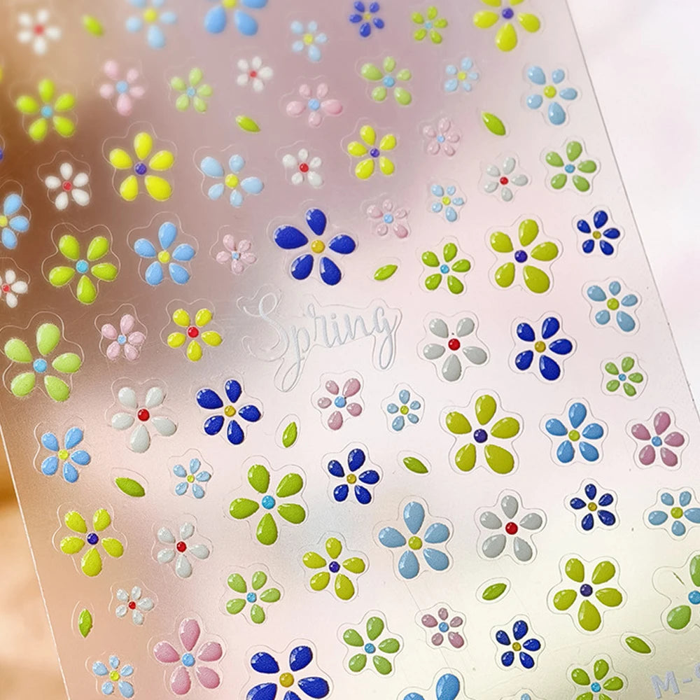 Colorful Floral Nail Art Sticker Summer Garden Motifs Juicy Flower Petals Dimensional Botanical Patterns Adhesive Manicure Decal