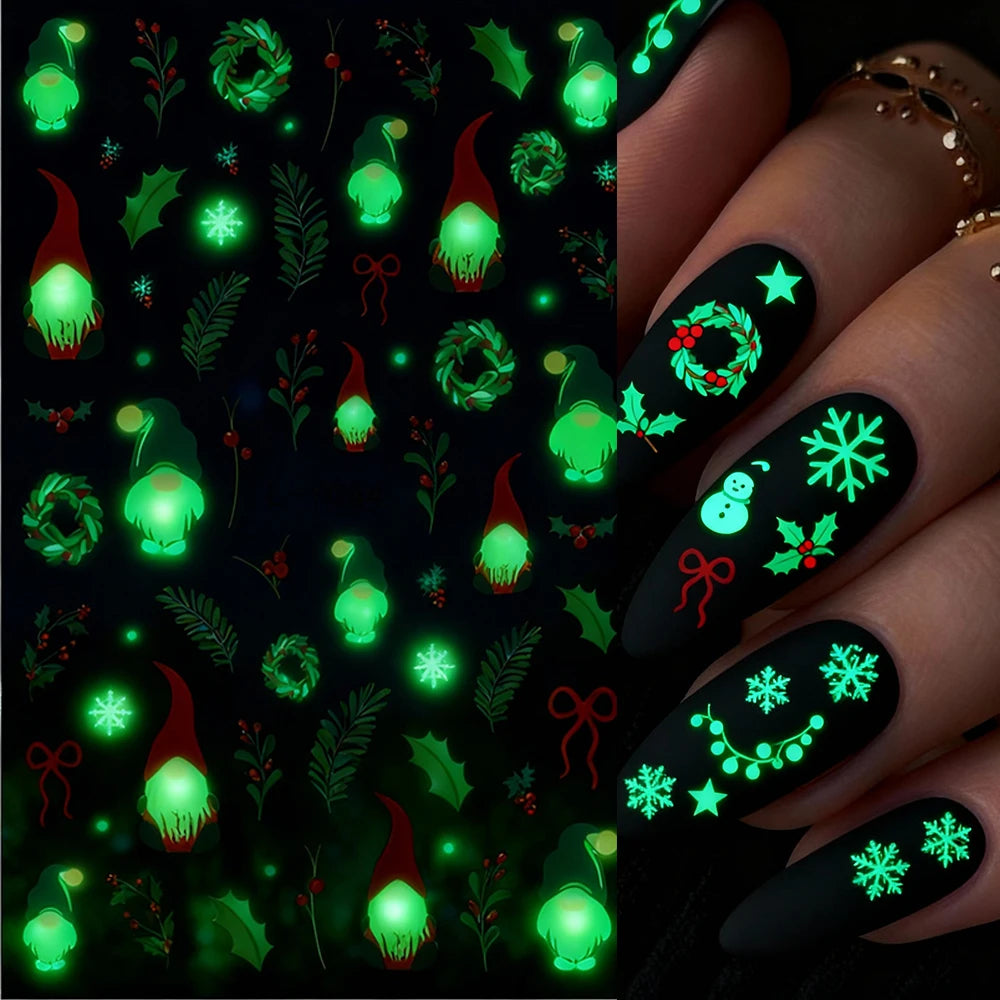 1pcs Luminous Light Bulbs Design Nail Art Stickers 3D Christmas Tree Snowflakes Noctilucent Lanterns Nail Decals DIY Winter Nail