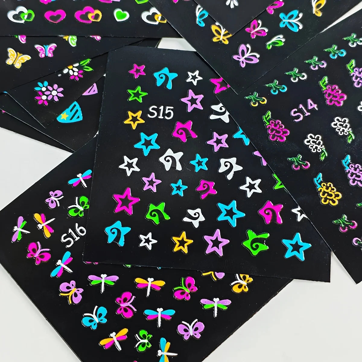 30 Sheets 3D Glow in The Dark Neon Nail Stickers - Glittery Glossy Self-Adhesive Nail Art Decorations with Butterfly, Love Heart
