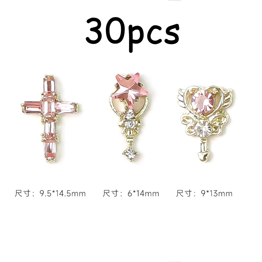 30/20/10PC Pink Ribbon Resin Bow Parts Nail Charms Mix-Style Bow Rhinestone Jewelry 8-12mm Y2K Accessory for DIY Manicure Decora