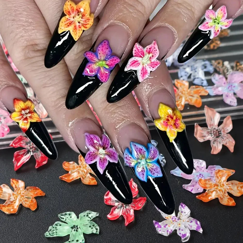 60pcs Mixed Hawaiian Flower Nail Decoration 3D Gradient Cherry Blossom Crystal Five Petal Leopard Print Lily Flower Nail Charms