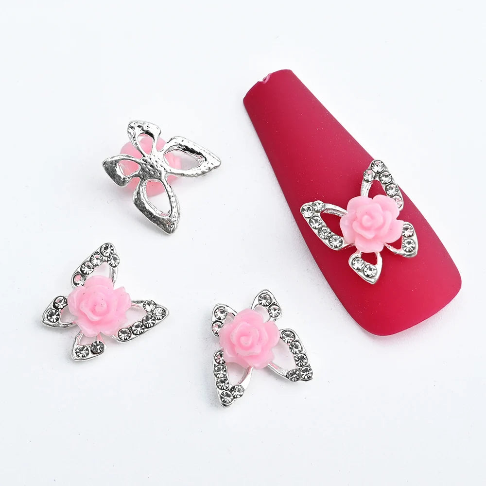 Pink Butterfly Zircon Nail Charms 10pc