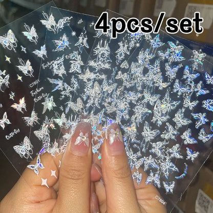 4Pcs/Set Laser Black Butterfly Stickers Holographic Butterflies Star Jewelry Design Decals 3D Self-Adhesive Slider Nails Decora*