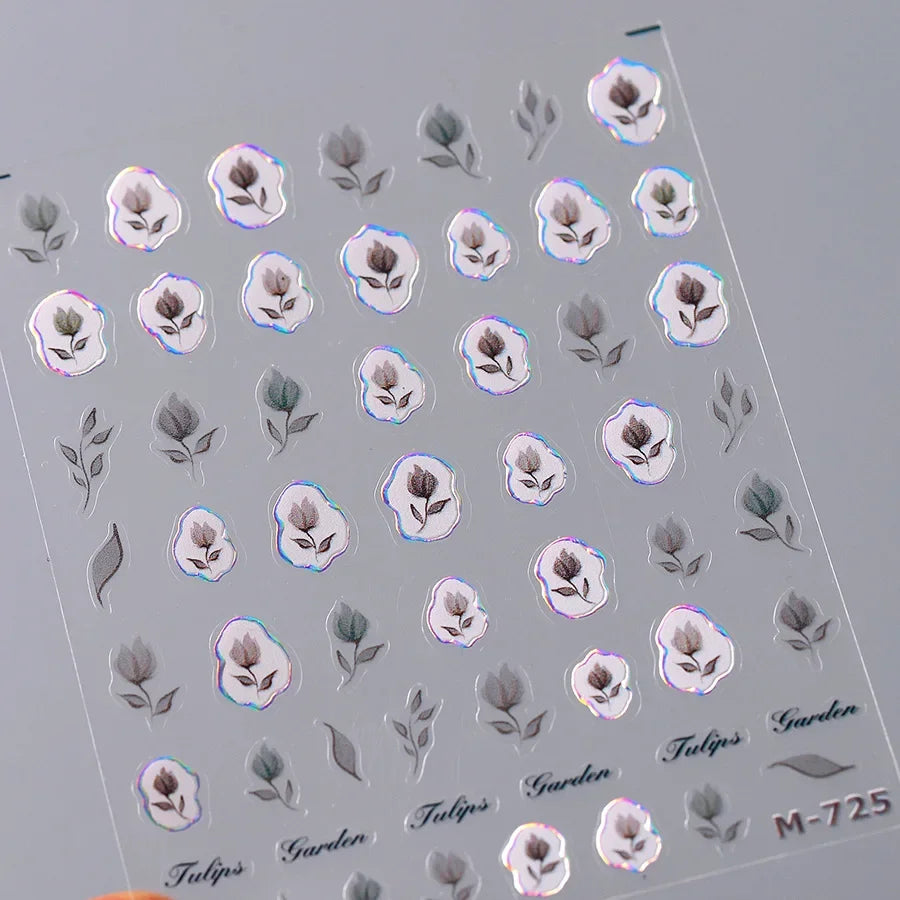 Colorful Floral Nail Art Sticker Summer Garden Motifs Juicy Flower Petals Dimensional Botanical Patterns Adhesive Manicure Decal