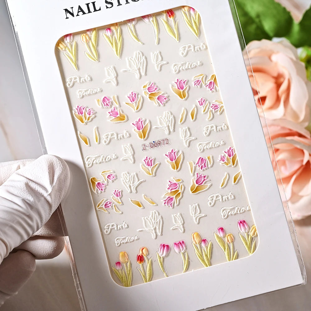 1pc 5D Embossed Flowers leaves Design Nail Art Stickers,Nails Art Decals Self Adhesive Nail Sticker Supplies for Women and Girls