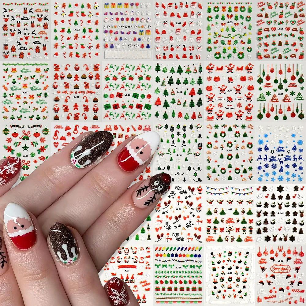(30Pcs)Merry Christma Nail Sticker 3D Sliders Deer Santa Claus Decals New Year Nails Decor Stickers For DIY Manicure Accessories
