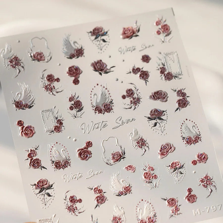 Colorful Floral Nail Art Sticker Summer Garden Motifs Juicy Flower Petals Dimensional Botanical Patterns Adhesive Manicure Decal