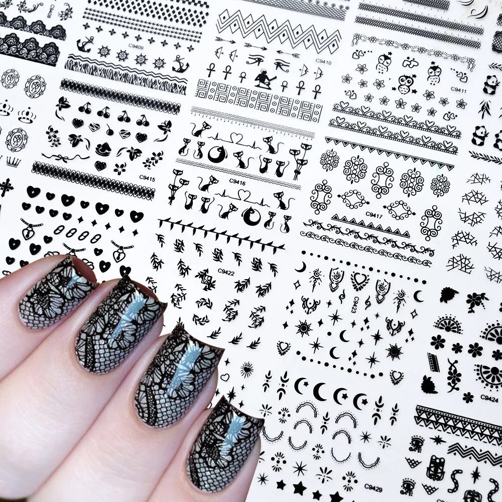 30pcs/Set Black Lace Nail Stickers Sexy Kitten Penguin Cute Animals Nail Art Stickers 6.3*5.3 Cm DIY Wedding Nail Decoration