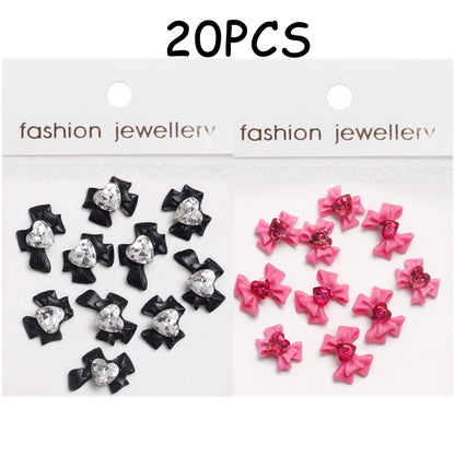 30/20/10PC Pink Ribbon Resin Bow Parts Nail Charms Mix-Style Bow Rhinestone Jewelry 8-12mm Y2K Accessory for DIY Manicure Decora