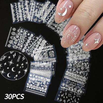 30pcs/Set Black Lace Nail Stickers Sexy Kitten Penguin Cute Animals Nail Art Stickers 6.3*5.3 Cm DIY Wedding Nail Decoration