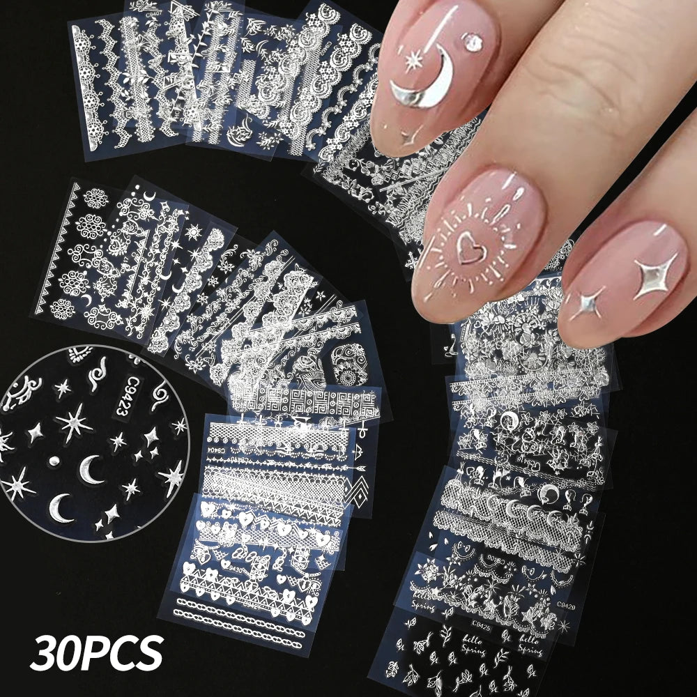 White Lace Nail Sticker 30pcs/Set Romantic Lace Cherry Love Nail Art Stickers For Wedding Bride Elegant Nail Decoration 6.3*5.3