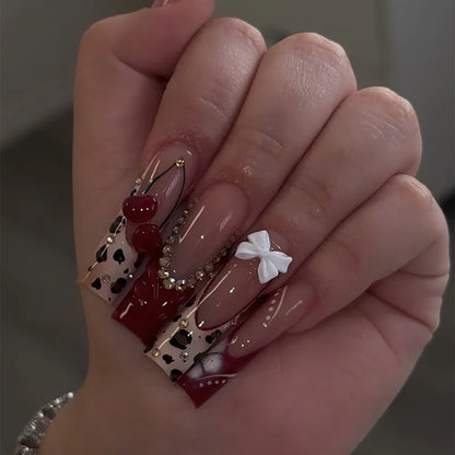 Leopard Cherry Rhinestone Press-On Nails