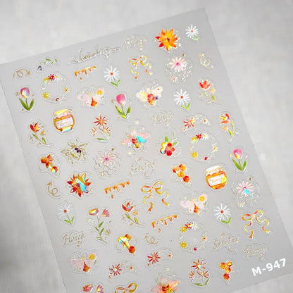 Colorful Floral Nail Art Sticker Summer Garden Motifs Juicy Flower Petals Dimensional Botanical Patterns Adhesive Manicure Decal