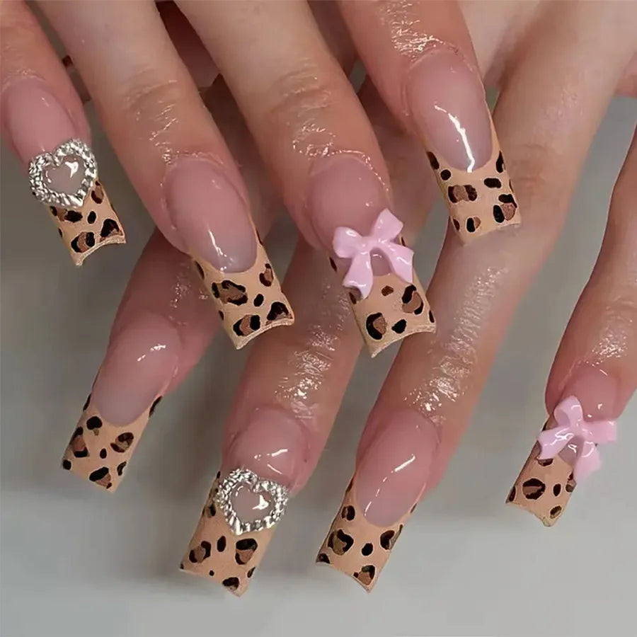 Leopard Cherry Rhinestone Press-On Nails