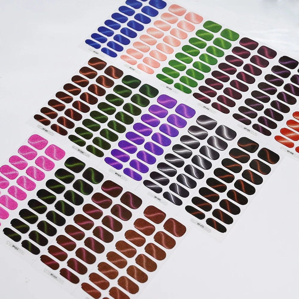 Green Cat Eyes Semi Cured Gel Nail Stickers 16Tips Pure Color Fine Flash Full Cover Nail Slider UV/LED  Baking  Lamp Gel Sticker