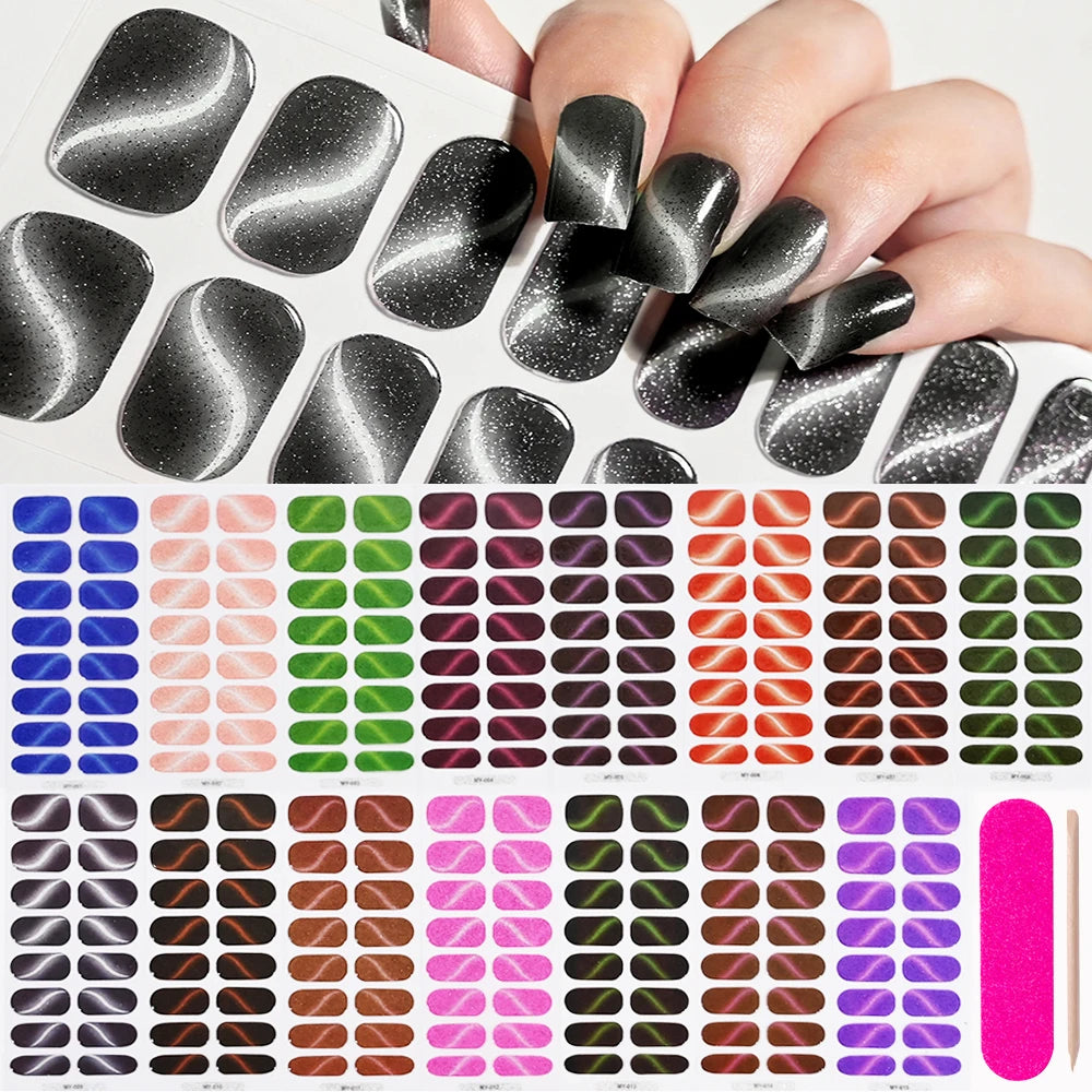 Green Cat Eyes Semi Cured Gel Nail Stickers 16Tips Pure Color Fine Flash Full Cover Nail Slider UV/LED  Baking  Lamp Gel Sticker
