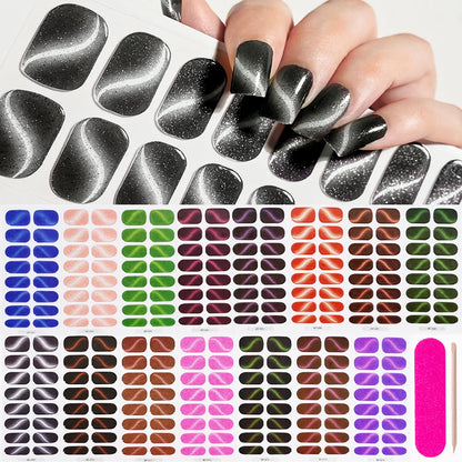 Green Cat Eyes Semi Cured Gel Nail Stickers 16Tips Pure Color Fine Flash Full Cover Nail Slider UV/LED  Baking  Lamp Gel Sticker