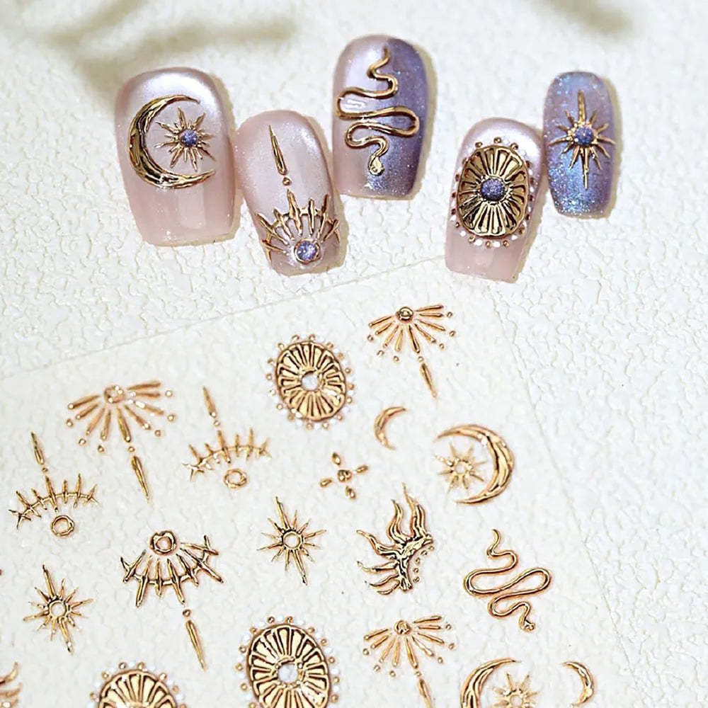 Gold Silver Snake Stars Nail Stickers for Nail Decoation Decals 5D Self-Adhesive Bronzing Stars Moon Totem DIY Supplies 2030